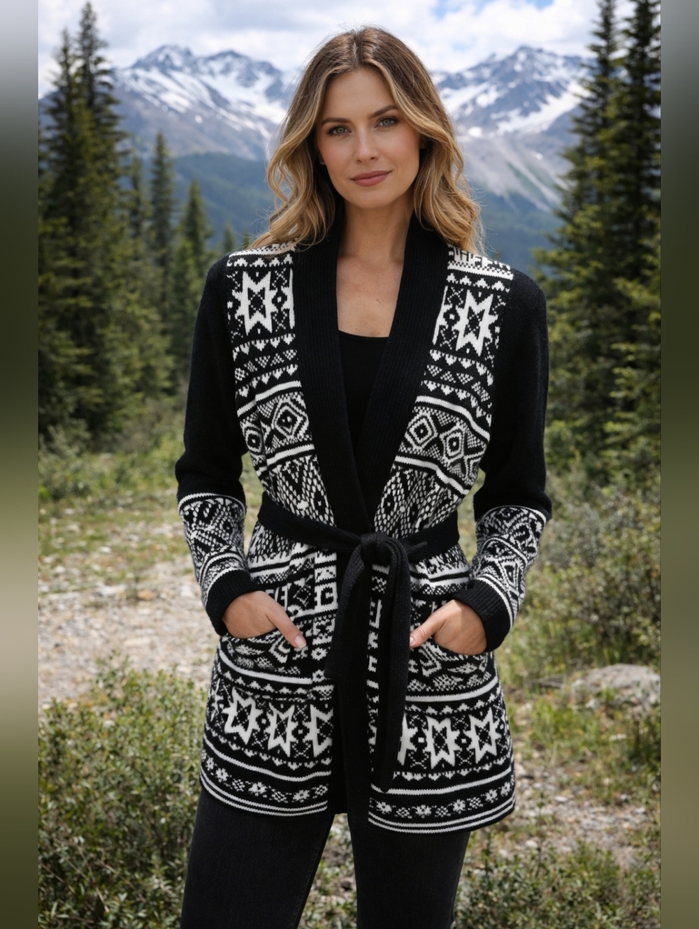 Carolyn Taylor Black and White Westerny Geometric Cardigan, Size S